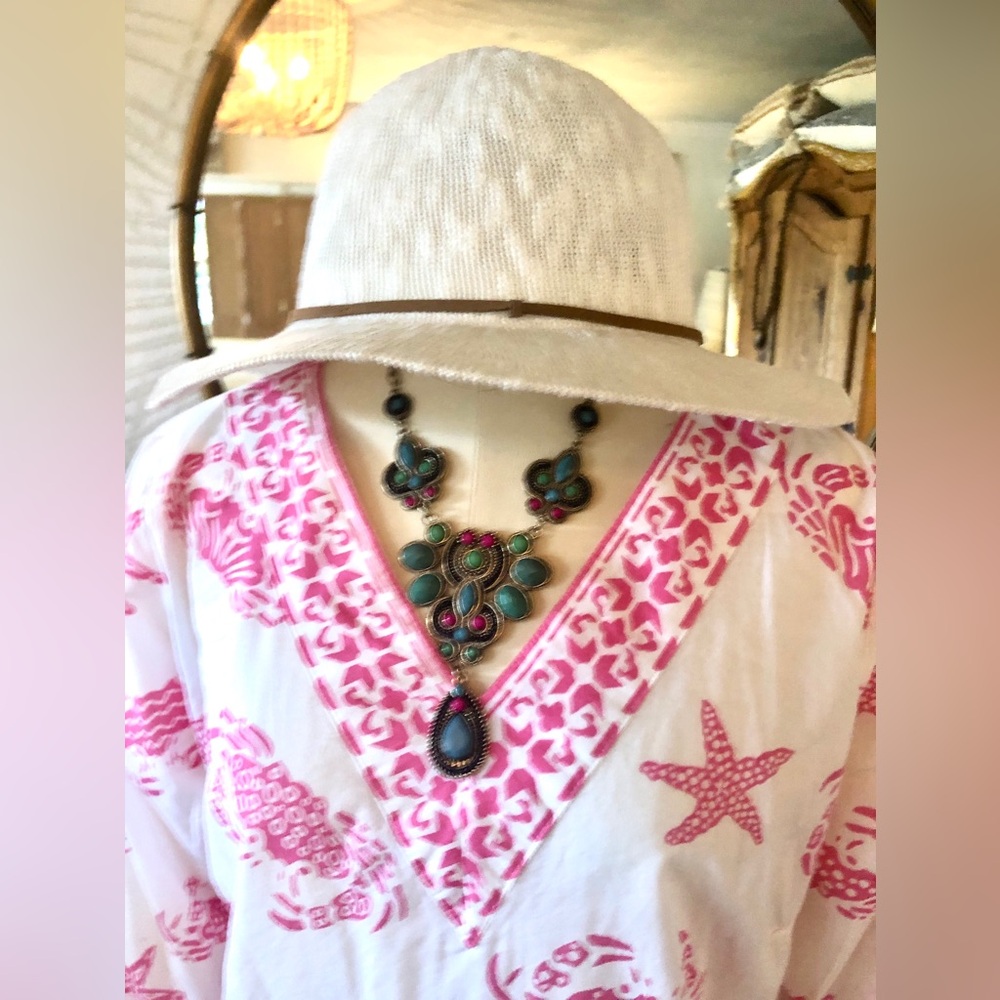Marcus Adler Wide-Brim White Sun Hat with Brown Trim - Resort and Beach Wear